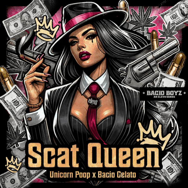 Scat Queen Scat Queen strain – funky, fruity, and frosty hybrid blending Unicorn Poop and Bacio Gelato genetics.