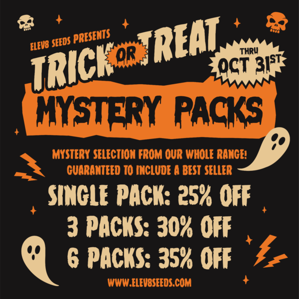 Halloween mystery seed pack cannabis seeds promotion by Elev8 Seeds featuring Lemon Tree and Zushi Shop strains